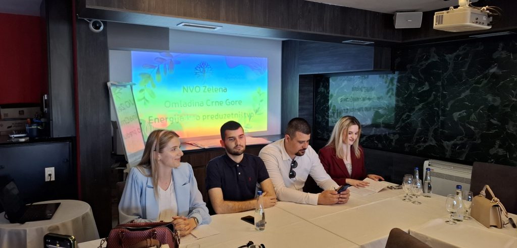 Troje panelista, dva muškarca i jedna žena, i jedna moderatorka, sjede za stolom tokom formalnog događaja. Iza njih je platno sa projekcijom naslova „NVO Zelena Omladina Crne Gore – Energija i preduzetništvo“ u šarenoj pozadini.